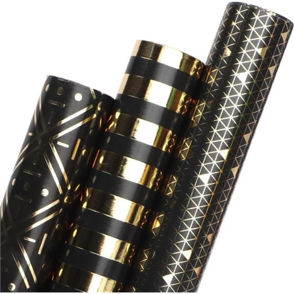 Christmas Wrapping Paper Black and Gold, 3 Rolls - 17 inch x 120 inch(10ft) - Picture 1 of 7